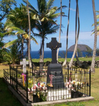 August 2012 - The gravesite of Father Damien, a Roman Catholic priest who became a saint in 2009. He spent 16 years ministering on Kaulapapa. He caught leprosy and died in 1889. His remains were exhumed and returned to his native Belgium in 1936. A relic was later returned to his original gravesite. It is a very popular destination for pilgrims. 
