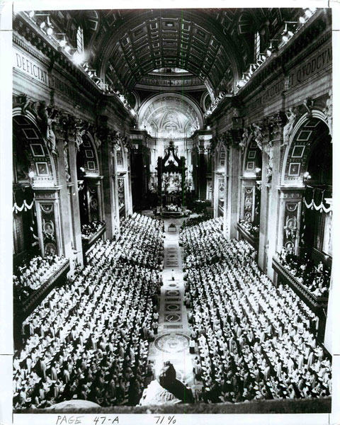 Vatican City -- Prelates and religious dignitaries from around the world fill St. Peter's Basilica as a concelebrated Mass opens the Second Vatican Council on Oct. 11, 1962. 