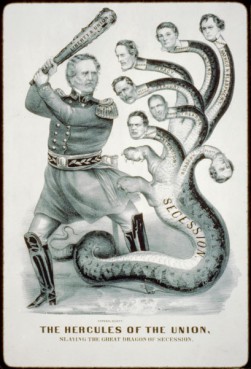 A tribute to commander of Union forces Gen. Winfield Scott, shown as the mythical Hercules slaying the many-headed dragon or hydra, here symbolizing the secession of the Confederate states 