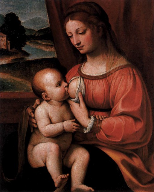 Bernardino Luini painting of Jesus being breastfed by the Virgin Mary. Photo courtesy of public domain via Wikimedia Commons