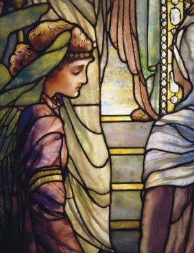 Conserved in preparation for the exhibition, the massive, 12-feet tall stained glass window 'The Righteous Shall Receive a Crown of Glory', circa 1901, has not been on display for decades. The subject of victory over death emphasizes the joyful mood of post-Civil War America and expresses the belief, held by a small group of liberal Protestant congregations whose ideas gained traction during this period, that the faithful are rewarded with peace in heaven. The textured glass suggests the weight, strength, and fullness of the angels’ wings, creating an aura of otherworldliness and light. On loan from the Corning Museum of Glass, Corning, New York. 