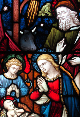 A stained glass window at St. Andrew's Episcopal Cathedral in Honolulu, Hawaii, depicts the birth of Jesus. RNS photo by Kevin Eckstrom.
