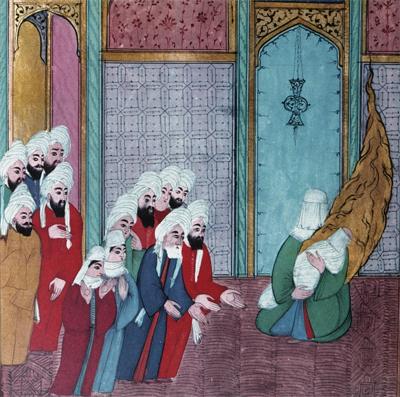 Newly born Muhammad in his mother's arms being shown to his grandfather and Meccans. From Turkish book painting