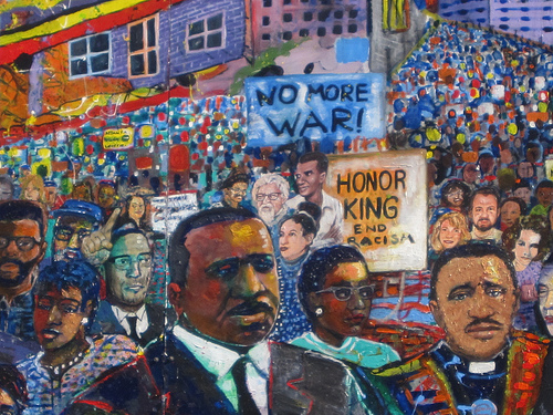 Mural of Dr. Martin Luther King's march in Selma, with Dr. Joshua Heschel, a Jewish civil rights activist, pictured below the 