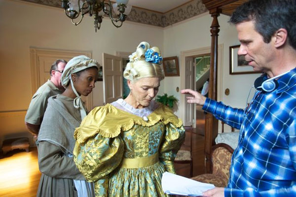 Actress Dorry Marie (slave), actress Crystal Cupp (as Angelina Grimke’s mother) and writer/director Rob Rapley during filming at Westover Plantation, Charles City, VA.  RNS photo courtesy of WGBH/Antony Platt.