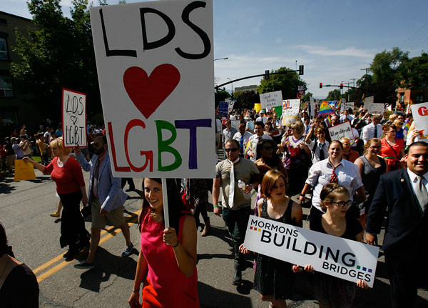 Mormons Building Bridges group leads the annual Gay Pride Parade through downtown Salt Lake City, Sunday, June 3, 2012.  RNS photo by Scott Sommerdorf  |  The Salt Lake Tribune.