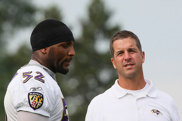 Ray Lewis and John Harbaugh during Baltimore Ravens Training Camp August 21, 2009.  RNS photo courtesy Keith Allison via Flickr (http://flic.kr/p/6RATXo).
