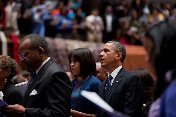 President Barack Obama and First Lady Michelle Obama attend a church service at Metropolitan African Methodist Episcopal Church in Washington, D.C., on Inauguration Day, Sunday, Jan. 20, 2013. RNS photo by Pete Souza/The White House.