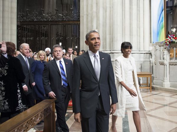 President Barack Obama and First Lady Michelle Obama enter the Washington National Cathederal for the Inaugural Prayer Service on January 22, 2013. RNS photo by Donovan Marks/courtesy the Washington National Cathedral.
