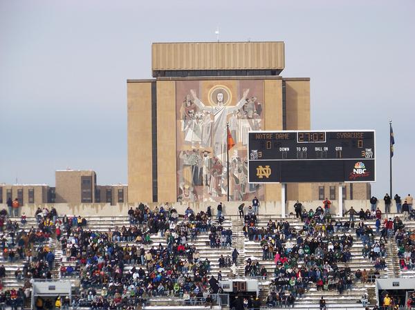 "Touchdown Jesus" over looks the football stadium at the University of Notre Dame.