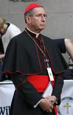 Cardinal Roger M. Mahony of Los Angeles stands outside St. Joseph's Church in New York following an ecumenical prayer service presided over by Pope Benedict XVI in 2008. (RNS photo by Gregory A. Shemitz)