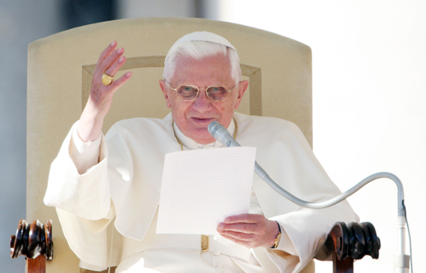 Pope Benedict XVI waves to the crowd during one of his weekly general audiences in St. Peter's Square at the Vatican in 2007. RNS photo by Gregory A. Shemitz