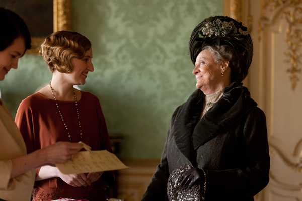 Shown left to right: Elizabeth McGovern as Lady Cora, Laura Carmichael as Lady Edith, Dame Maggie Smith as Lady Violet.  RNS photo courtesy of © Carnival Film & Television Limited 2012 for MASTERPIECE.