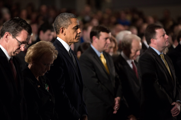 President Barack Obama attends a Sandy Hook interfaith vigil at Newtown High School in Newtown, Conn., Sunday, Dec. 16, 2012. RNS photo by Pete Souza/The White House.
