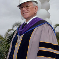 The Rev. Robert Schuller of the Crystal Cathedral in Garden Grove, Calif., wears his preaching robes and a hard hat for the groundbreaking ceremony Sunday (March 11) for the $20 million International Center for Possibility Thinking on the Crystal Cathedral campus.  Photo by Ted Parks.