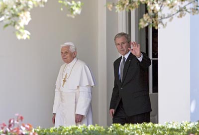 President Bush welcomed Pope Benedict XVI to the White House on Wednesday (April 16). Benedict is only the second pope to visit the White House.  Religion News Service photo by Kristoffer Tripplaar. 