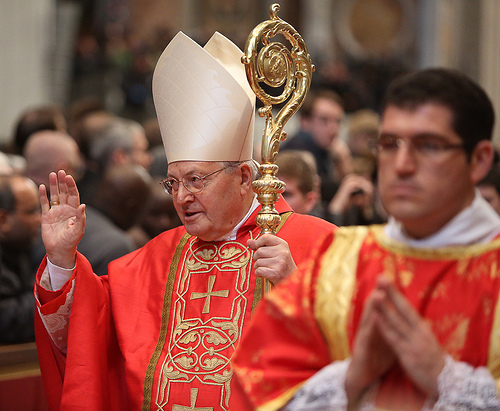 Cardinal Angelo Sodano blesses the crowds inside St. Peter's Basilica following a special Mass prior to the conclave to elect a new pope. Photo courtesy George Martell/The Pilot Media Group