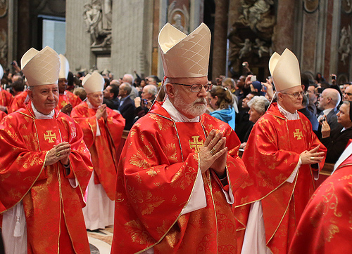 Cardinal Sean O'Malley of Boston, center, processes into St. Peter's Basilica with other cardinals for a special Mass prior to the conclave to elect a new pope. Photo courtesy George Martell/The Pilot Media Group