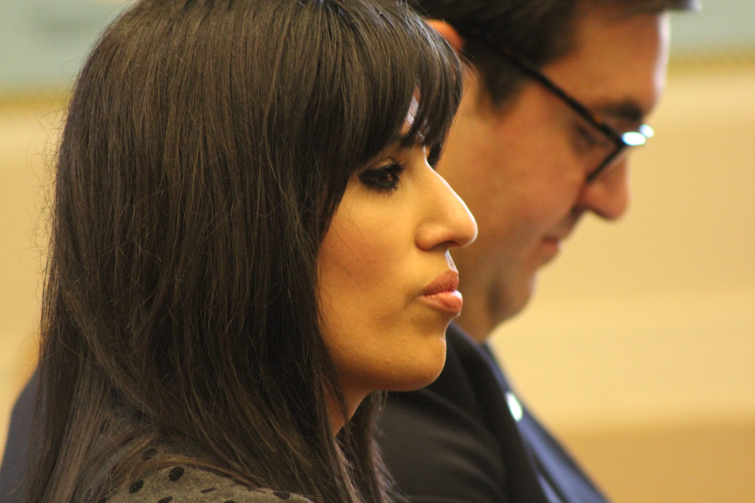 (RNS1-mar15) Naghmeh Abedini, wife of imprisoned Iranian-American minister Saeed Abedini, at Capitol Hill hearing on religious minorities in Iran on March 15, 2013. Behind her is her lawyer, Jordan Sekulow, executive director of the American Center for Law and Justice. For use with RNS-IRAN-FREEDOM, transmitted on March 15, 2013, RNS photo by Adelle M. Banks.
