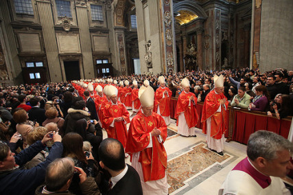 Before the opening of the conclave on March 12, 2013, cardinals attend a solemn Mass at St. Peter's. Photo Courtesy of BostonCatholic via Flickr. 
