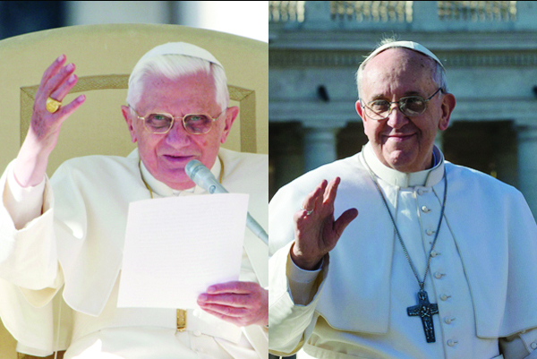 (Left) Pope Benedict photo by Gregory A. Shemitz, (right) Pope Francis photo by Andrea Sabbadini.