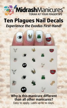 a photo of four nails with Ten Plagues decals