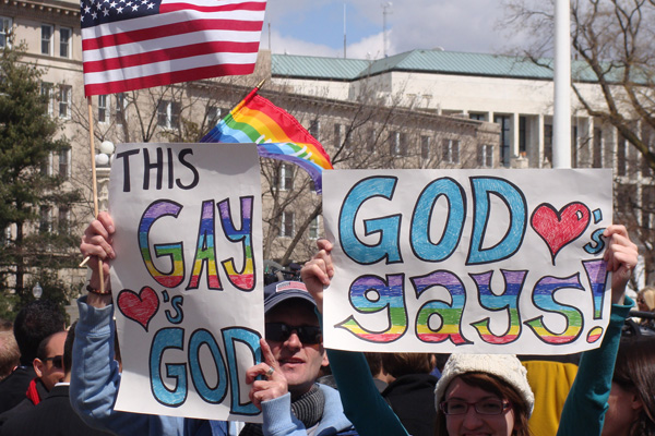 (RNS) Supporters of gay marriage rally outside the U.S. Supreme Court on March 27 as the court heard a challenge to the Defense of Marriage Act. RNS photo by Kevin Eckstrom.