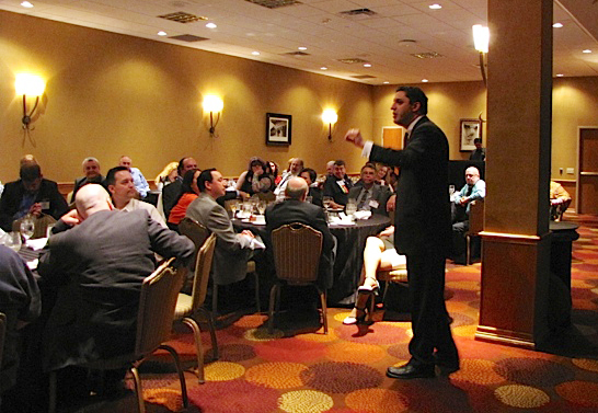 American Atheists president David Silverman addresses organization members at a fundraising dinner at the group's 50th annual convention in Austin.  RNS photo by Kimberly Winston