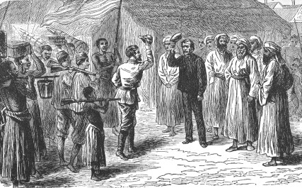An 1876 illustration of Stanley meeting Livingstone in Africa.  Photo courtesy Wikimedia Commons