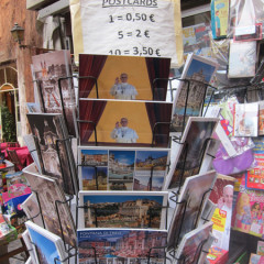 Pope Francis postcards are being sold in Rome days after the Argentine cardinal was selected by the Collage of Cardinals. RNS photo by David Gibson