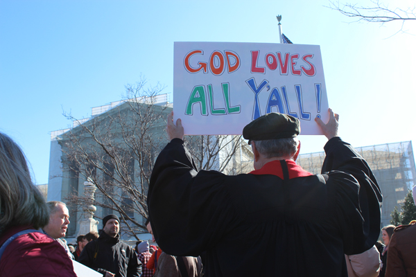 A Baptist minister from Virginia shares his support for same-sex marriage outside the Supreme Court on March 26, 2013. Throngs of supporters and opponents gathered outside the high court as it considered cases about same-sex marriage. RNS photo by Adelle M. Banks