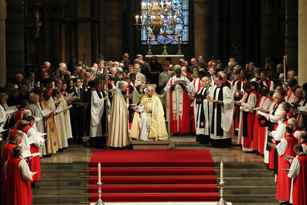 Justin Welby (center), the 57-year old former oil executive who quit the world of high finance in 1992 to become a priest, was enthroned Thursday (March 21) as the 105th archbishop of Canterbury and spiritual leader of the world's 77 million Anglicans. Photo courtesy Anglican Communion News Service/The Press Association
