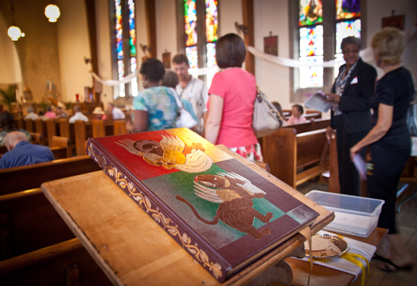 The Bible rests on a stand at the back of St. Therese Little Flower parish in Kansas City, Mo. on Sunday, May 20, 2012. RNS photo by Sally Morrow