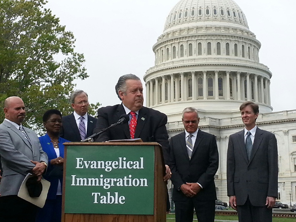 A coalition of evangelical leaders aiming to shape national immigration reform is expressing cautious optimism over a bill a bipartisan “Gang of Eight” senators introduced in Congress Wednesday (April 17).  Richard Land (center), a leading pastor in the Southern Baptist Convention, said the new bill meets a major criterion of many in the evangelical community, in that it is not an “amnesty” bill, but would require undocumented immigrants to work toward American citizenship. RNS photo by Caleb Bell
