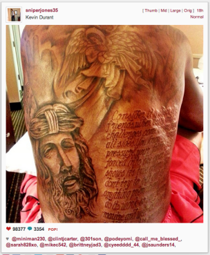 A photo of Kevin Durant's tattooed back.
