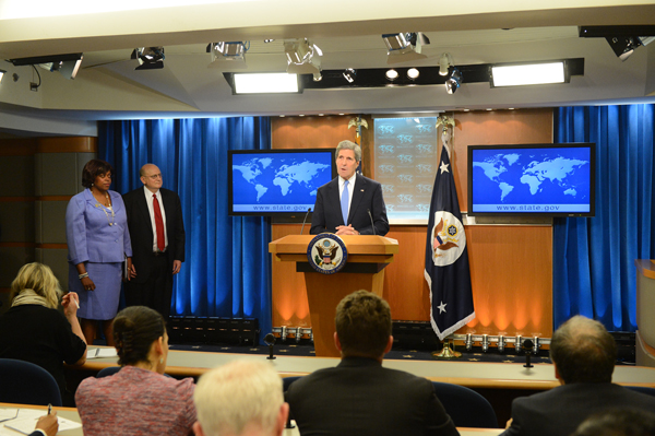 U.S. Secretary of State John Kerry releases the 2012 International Religious Freedom Report at the U.S. Department of State in Washington, D.C., on May 20, 2013. Photo courtesy State Department/Public Domain via Flickr (http://flic.kr/p/ekTg4V)