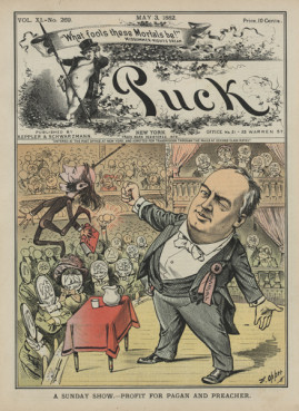 Print shows Robert G. Ingersoll speaking from a stage in an auditorium filled with an audience whose heads are half-dollar coins; dangling from a cord at the edge of the stage is Thomas De Witt Talmage as a marionette or wooden toy, with one hand pinned to the Bible. Photo courtesy Library of Congress Prints and Photographs Division Washington