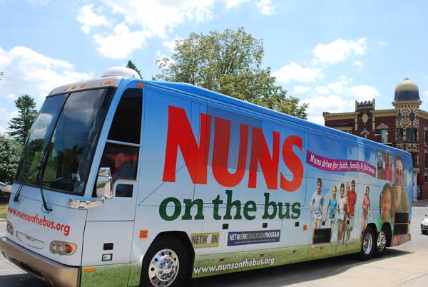 Nuns on the Bus arrives in downtown Janesville, WI on Tuesday June 19, 2012. RNS photo by Phil Haslanger