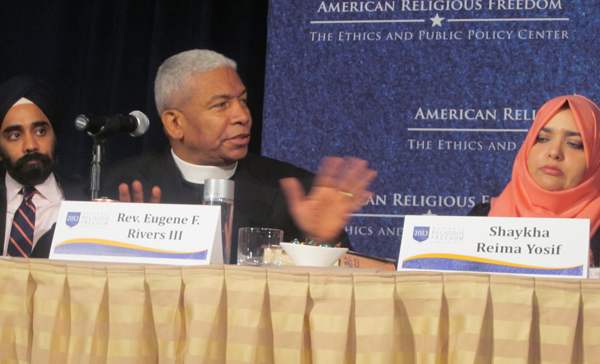 At the National Religious Freedom Conference in Washington Thursday (May 30), advocates included, from left, Amardeep Singh, director of programs for the Sikh Coalition; the Rev. Eugene Rivers, pastor of Boston's Azusa Christian Community and senior policy advisor to the presiding bishop to the Church of God in Christ, and Shaykha Reima Yosif, founding president of Al-Rawiya, an organization that advocates for Muslims women. RNS photo by Lauren Markoe