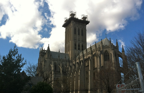 Scaffolding now crowns the central tower of Washington National Cathedral, which was heavily damaged by a rare East Coast earthquake in August 2012. RNS photo by Annalisa Musarra