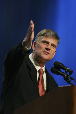 Evangelist Franklin Graham preaches during a crusade in Mobile, Ala.  (2006) Religion News Service photo by John David Mercer/The Press-Register in Mobile, Ala.