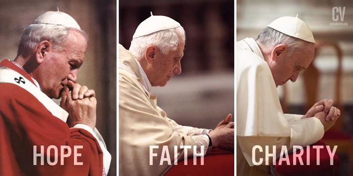 A meme comparing Popes John Paul II, Benedict XVI and Francis.  Photo courtesy <a href=