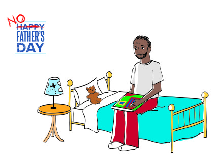 Card showing father sitting beside a child's empty bed.