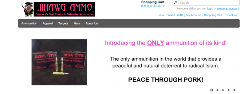 An Idaho-based business' promotion of "Jihawg Ammo" says "Peace through pork!" screenshot courtesy www.jihawg.com