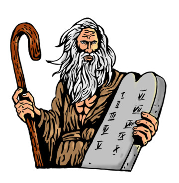 A drawing of Moses holding the Ten Commandments in stone.
