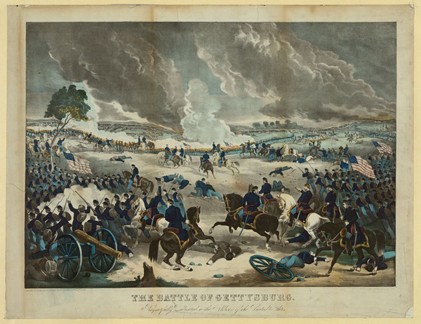 The Battle of Gettysburg print showing Union troops advancing from the right during fighting.  (c. 1867).  <a href=