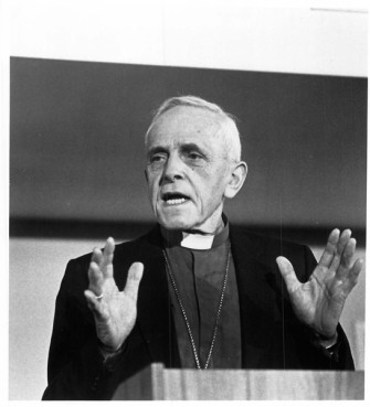 (New York City - Oct. 2, 1985) The Rt. Rev. Trevor Huddleston, retired Anglican Archibishop of the Indian Ocean, speaks at the four-week forum on "South-Africa: An American Dilemma." Huddleston was accused of sexually harassing 2 boys in 1974 and died in 1998. Religion News Service file photo by Odette Lupis