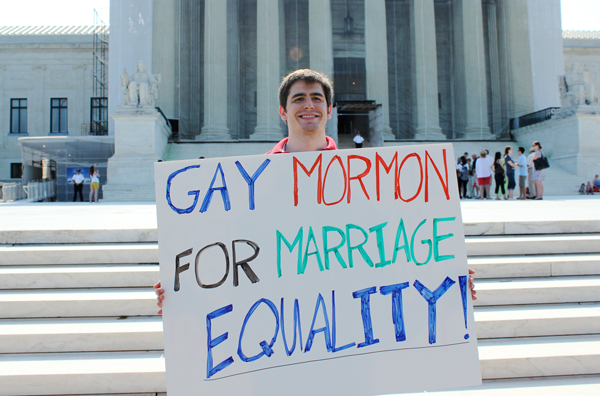 David Baker of Washington, a 24-year-old native of Salt Lake City, stood outside the Supreme Court Tuesday (June 25) hoping for a decision in support of gay marriage. RNS photo by Adelle M. Banks