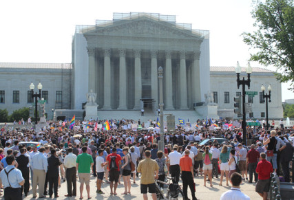 Crowds gathered at the U.S. Supreme Court Wednesday (June 26) for its decisions about same-sex marriage. RNS photo by Adelle M. Banks