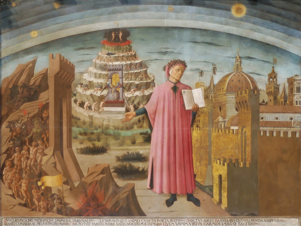 La Divina Commedia di Dante (Dante and the Divine Comedy). Fresco in the nave of the Duomo of Florence, Italy. Photo courtesy Domenico di Michelino [Public domain], via Wikimedia Commons (http://bit.ly/11h8Es3)